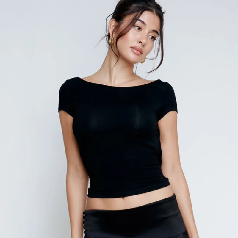 Black Short Stylish Sleeve Backless Top