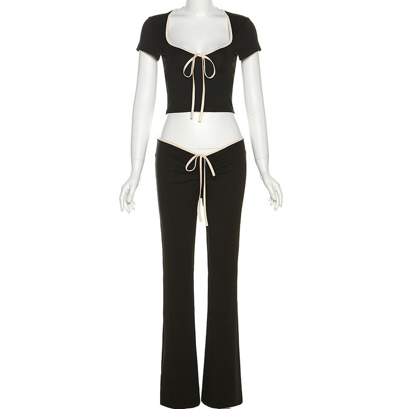 Black Ribbon Tie-Up Top Graceful And Pants Two Piece Set