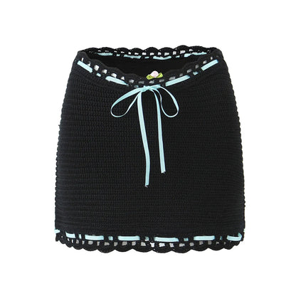 Black Crochet Drawstring Crop Graceful Top And Mini Skirt Set