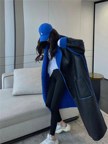 Blue Fur Double-Sided Charming Leather Long Jacket