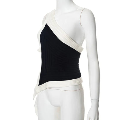 Black and White Colorblock Graceful Asymmetrical One Shoulder Top