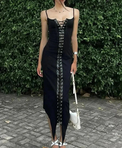 Black Lace Up Charming Strap Midi Dress