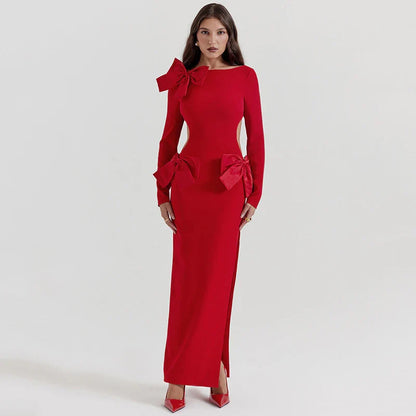 Red Bow Hollow Out Graceful Back Long Sleeve Maxi Dress