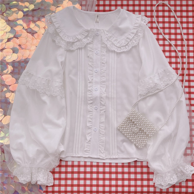 Long Blouse Arm Pan Ruffle Neckline Lolita Shirts Preppy Lace Women Blusas Blouse Peter Girls JK White Style Mujer