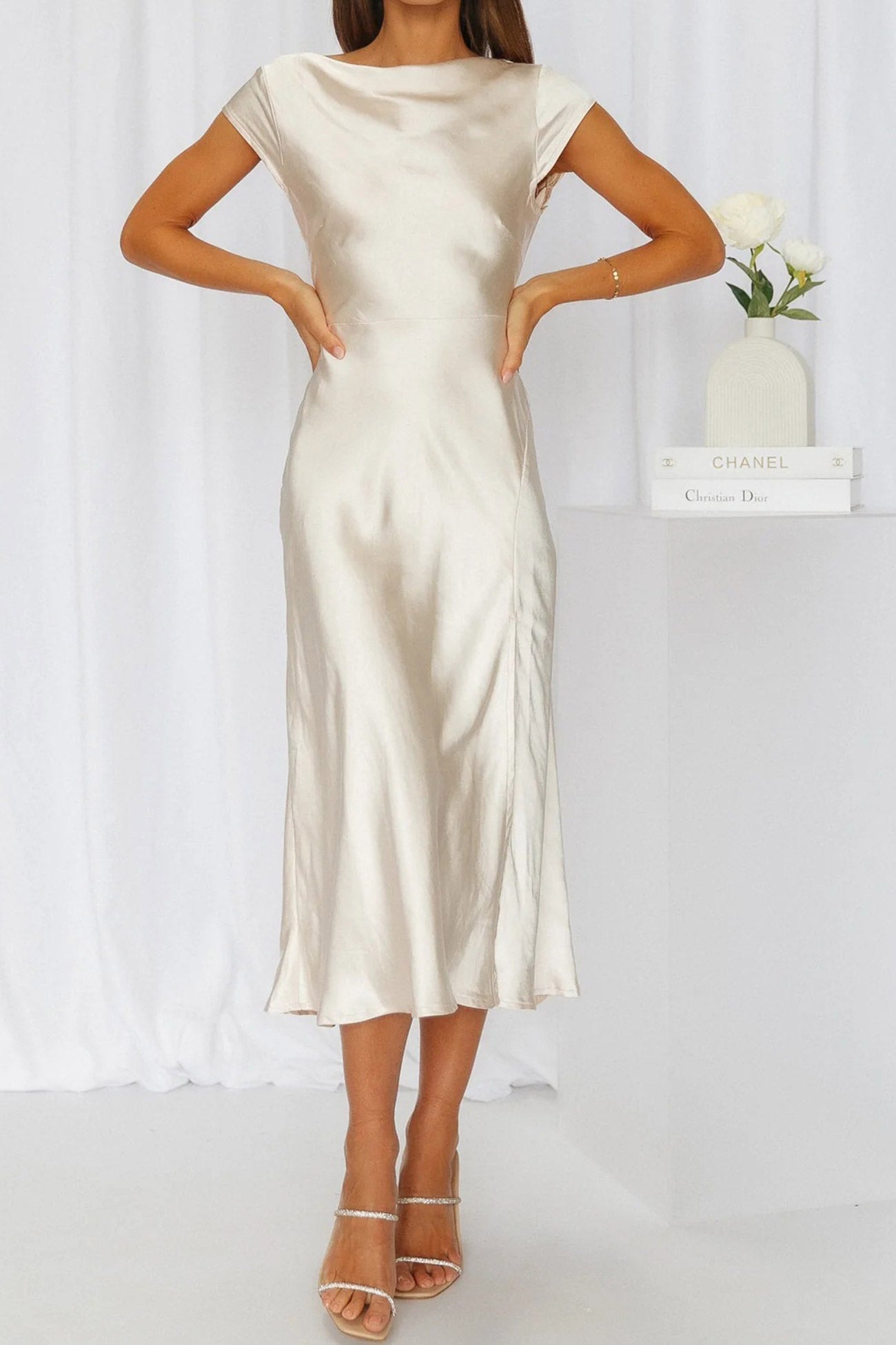 Satin Cowl Neck Dress with Twisted-back Slit