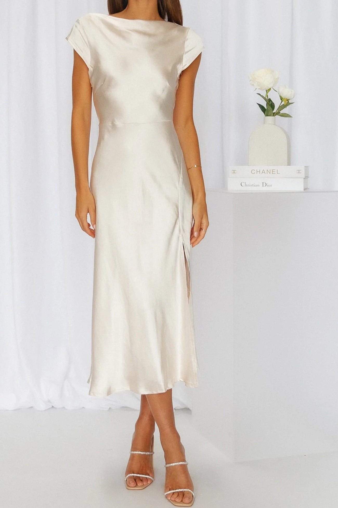 Satin Cowl Neck Dress with Twisted-back Slit