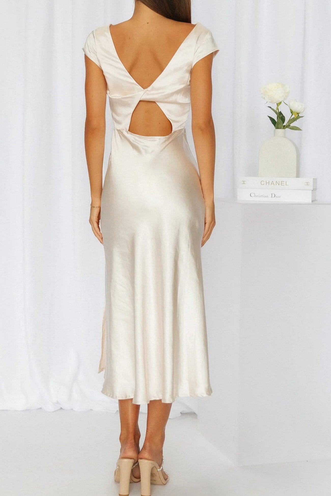 Satin Cowl Neck Dress with Twisted-back Slit