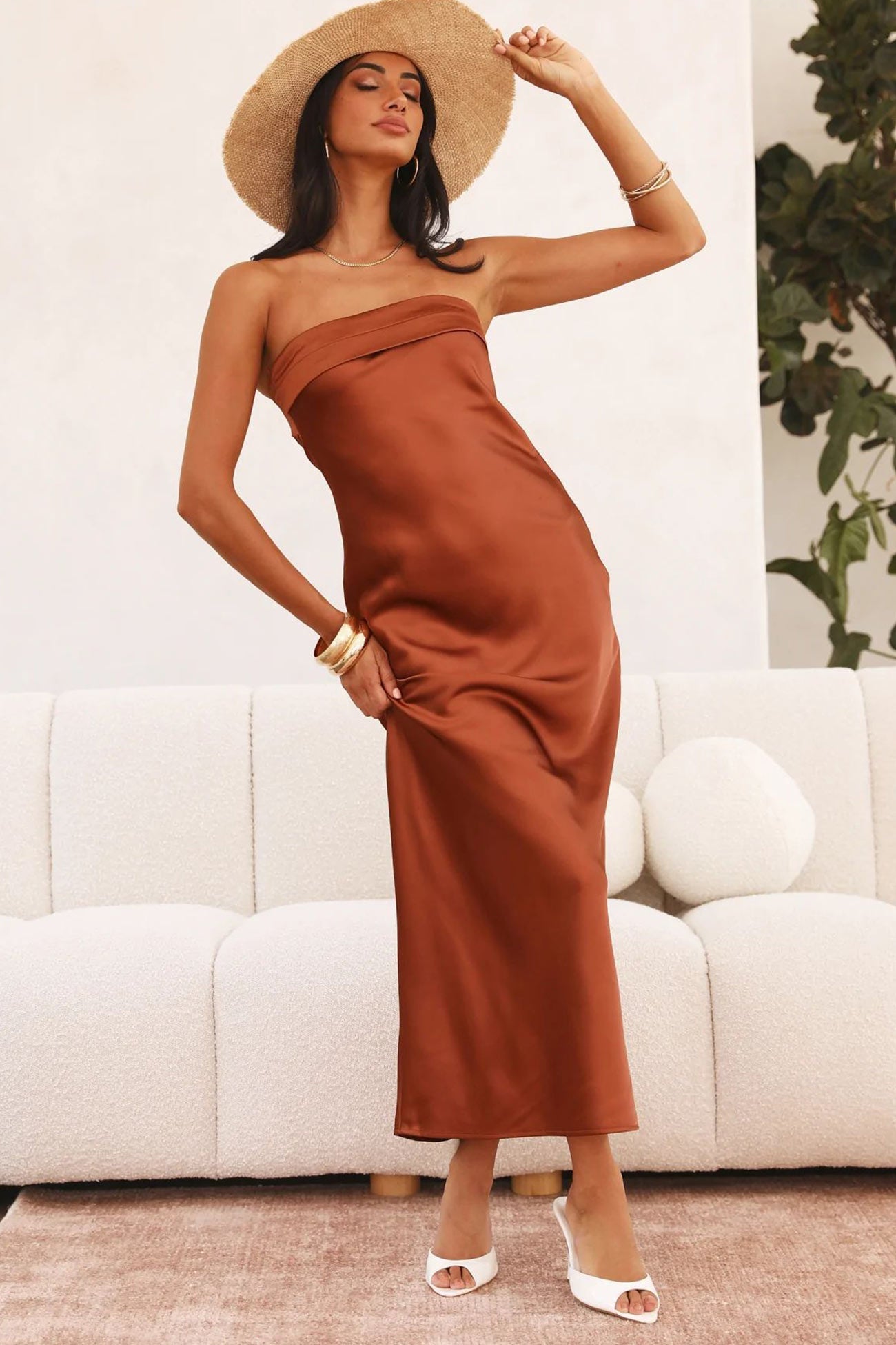 Solid Color Satin Strapless Midi Dress