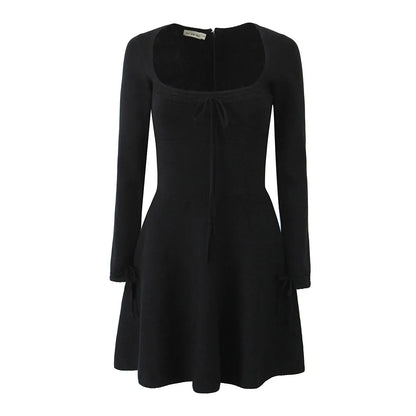 Ribbed Square Neck Long Graceful Sleeve Ribbion Mini Dress