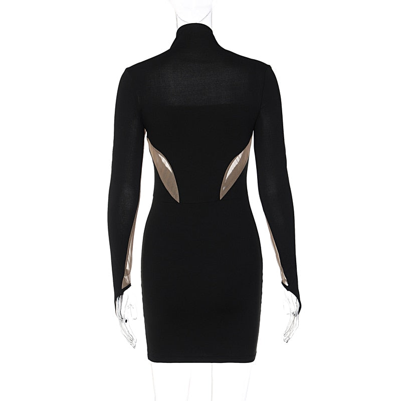 Black Patchwork Mesh Long Graceful Sleeve Bodycon Mini Dress