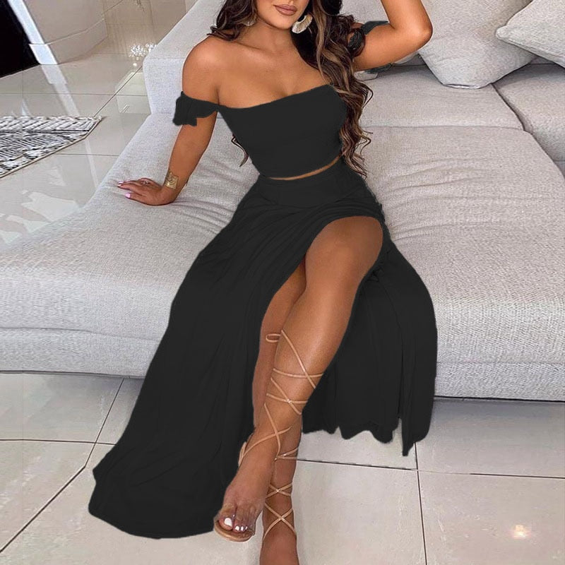 Women's Slash and - Long Warm-Season Top Slit Piece Spring with Shoulder Neck Set Two Off Flowered Party Gown Design Skirts