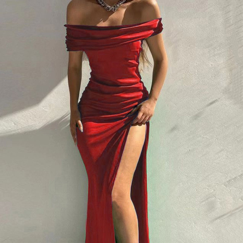 Slim Vestido Gown Solid Party Slit High Off Evening Elegant Prom Shoulder Femme