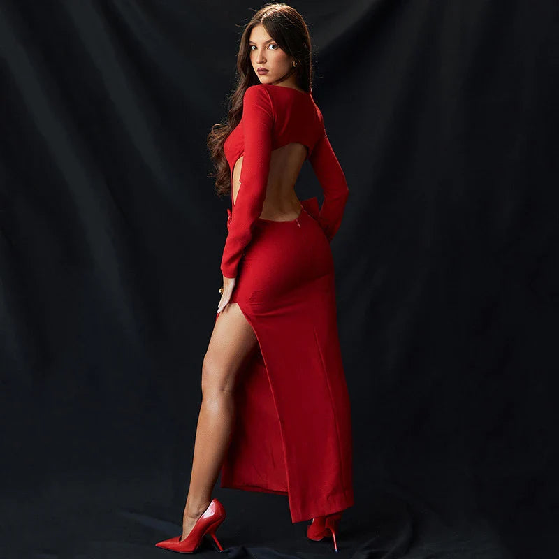 Red Bow Hollow Out Graceful Back Long Sleeve Maxi Dress