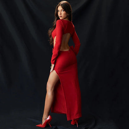 Red Bow Hollow Out Graceful Back Long Sleeve Maxi Dress