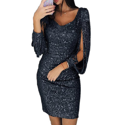 Sequined Stitching Shining Club Modern Bodycon Long Sleeved Mini Dress