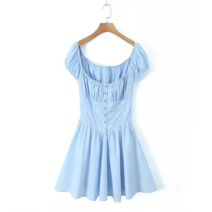 Blue Ruched Puff Charming Sleeve Elastic Mini Dress