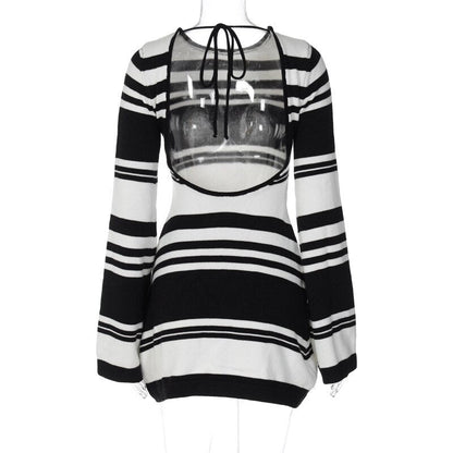 Black Stripe Knit Backless Graceful Long Sleeve Mini Dress