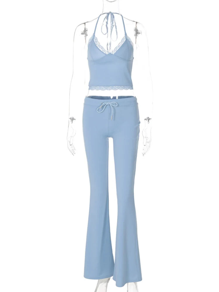 Blue Halter Crop Top Graceful And Flare Pants Set