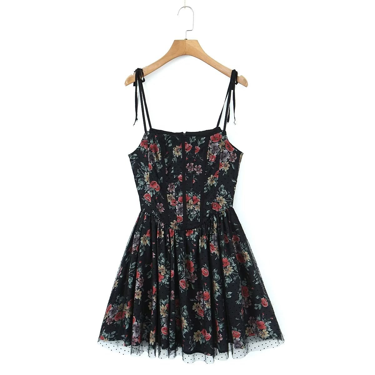 Black Floral Print Tie-Up Graceful Corset Frill Mini Dress