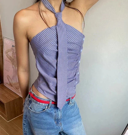 Blue Striped Halter Charming Tie Detail Top