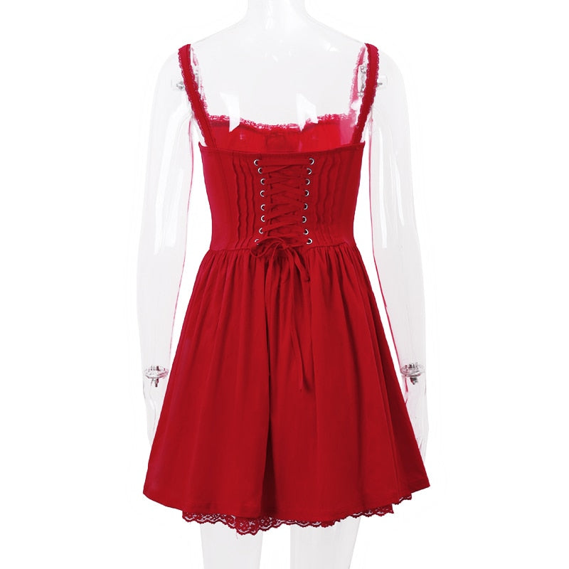 Red Corset Strap Charming Frill Mini Dress