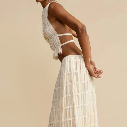 Ruched Halter White Top Graceful And Maxi Skirt Set