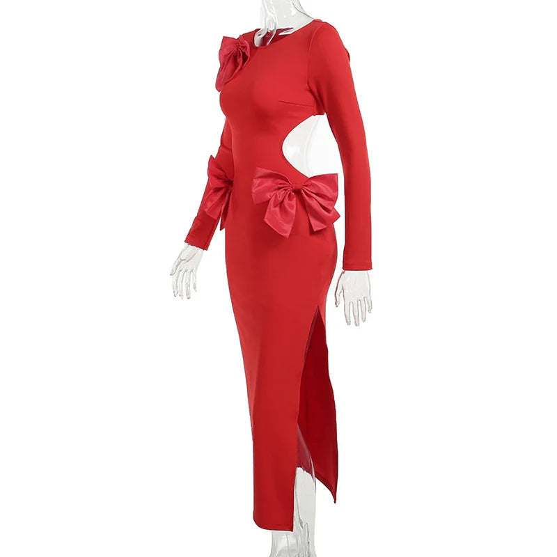 Red Bow Hollow Out Graceful Back Long Sleeve Maxi Dress