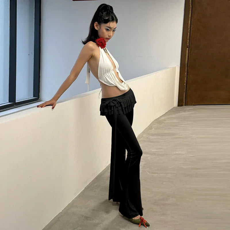 Black Lace Up Ruffled Flare Trendy Pants Low Waist Long Trouser