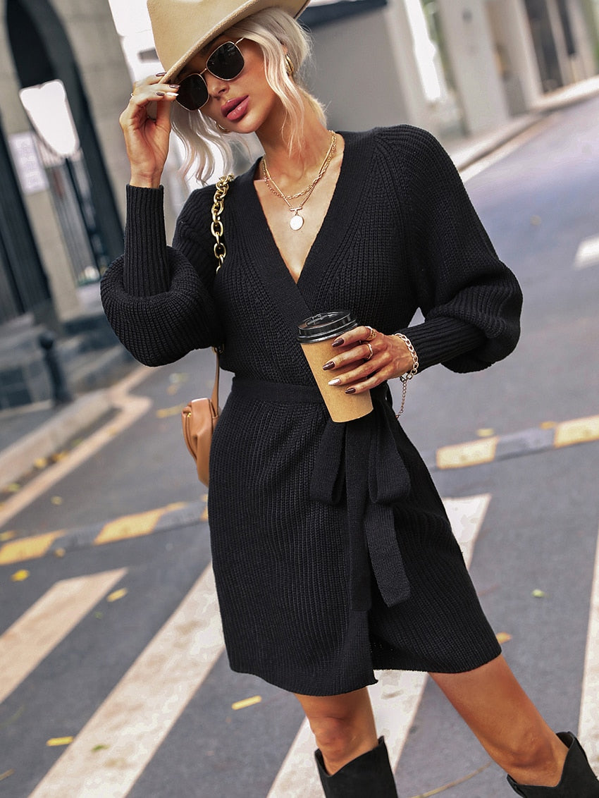 Winter Wrap Dress Women Long Sleeve Office Cardigan Tunic Solid Color