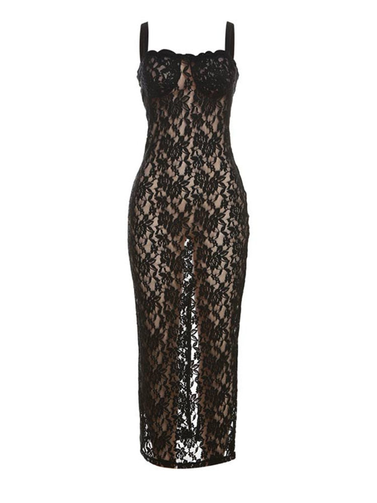 Sexy lace mesh patchwork Modern printed ruffle midi dress