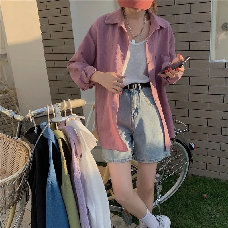 Long Blouses Vintage Harajuku Green Shirts Folded Women Korean White Basic Fashion Oversized Sunscreen Arm Cardigan