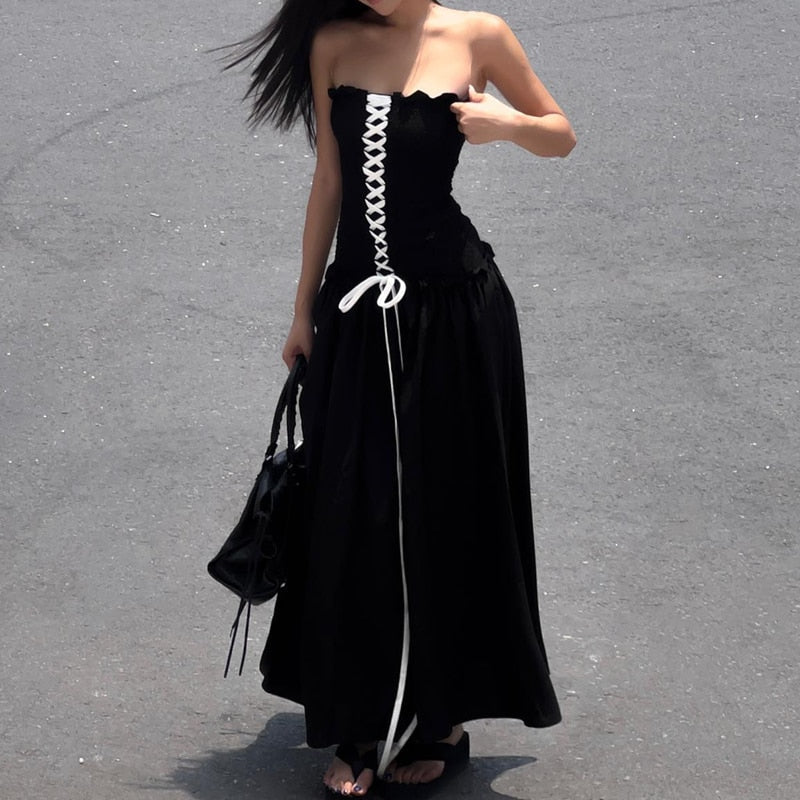 Black Tube Ruched Charming Lace Up Maxi Dress