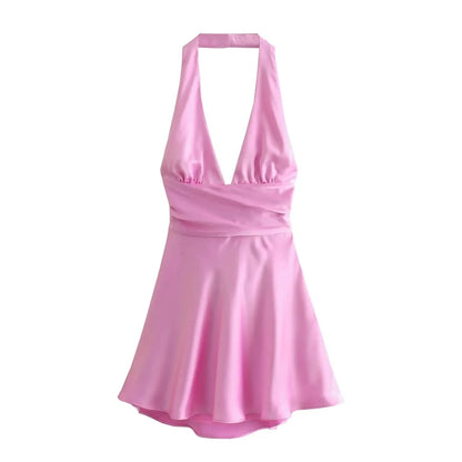 Satin Deep Neck Charming Halter Frill Mini Dress