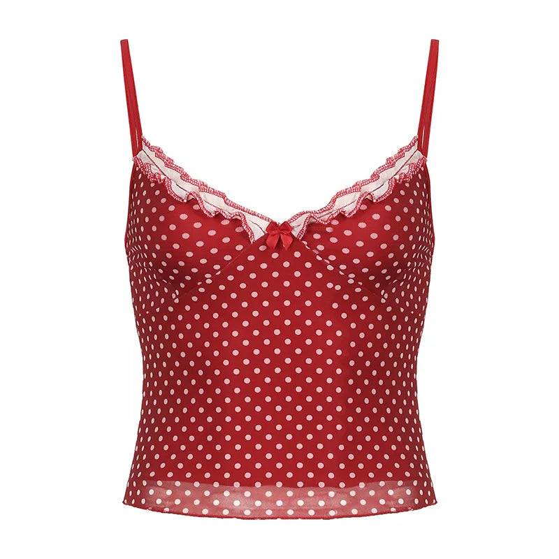 Red Polka-dot Stylish Mesh Cami Top