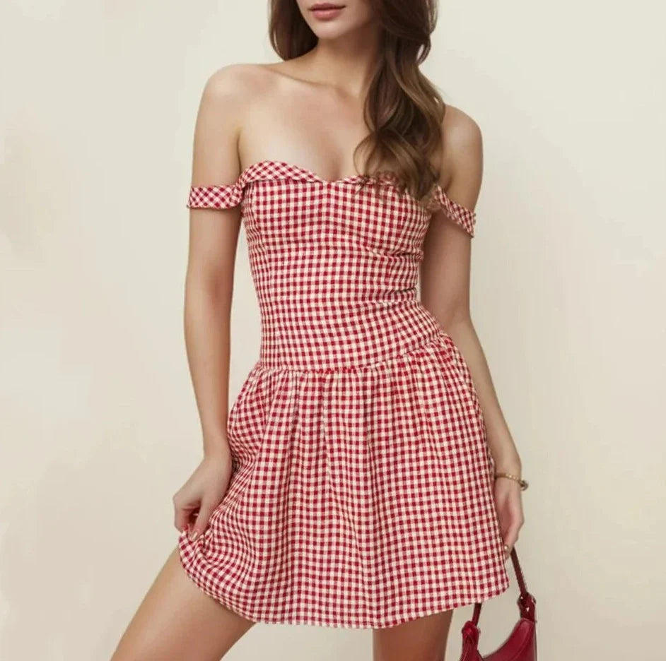 Red Plaid Stylish Off-shoulder Mini Dress