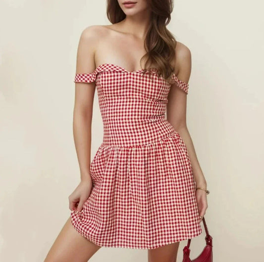 Red Plaid Stylish Off-shoulder Mini Dress