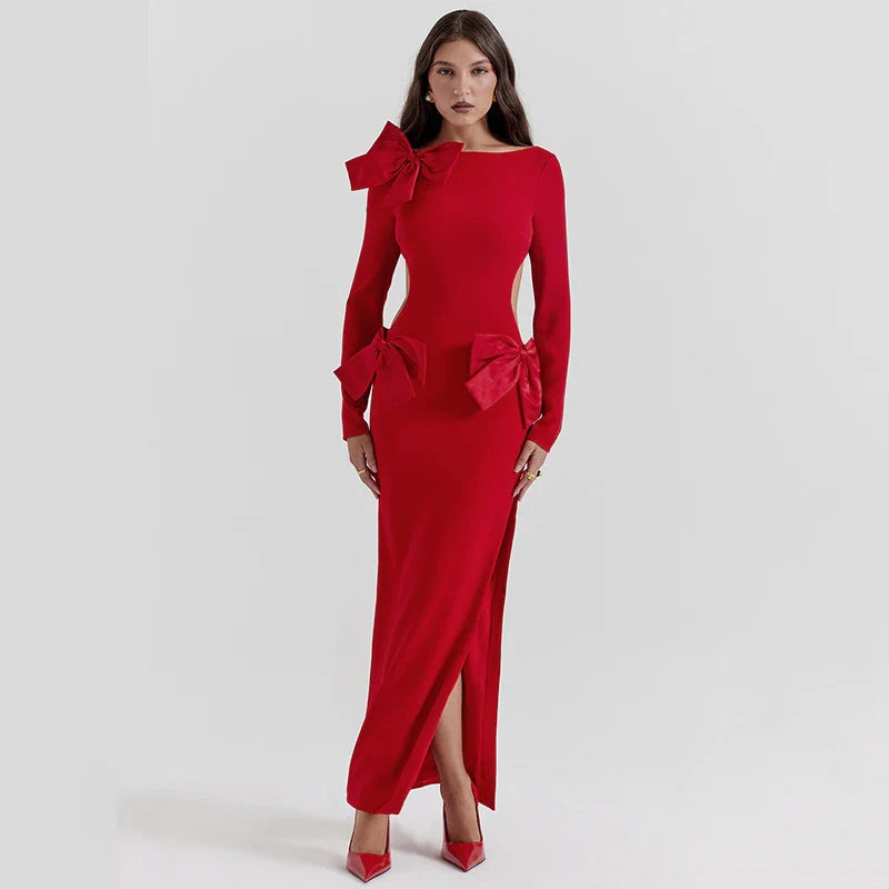 Red Bow Hollow Out Graceful Back Long Sleeve Maxi Dress