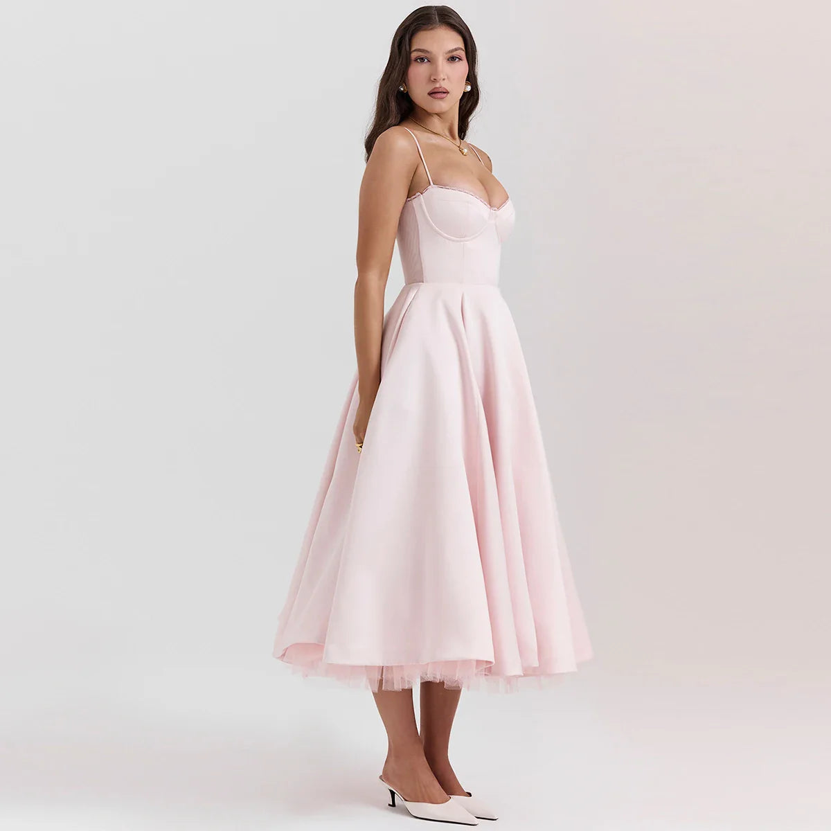 Satin Tulle Flare Charming Strap Cupped Midi Dress