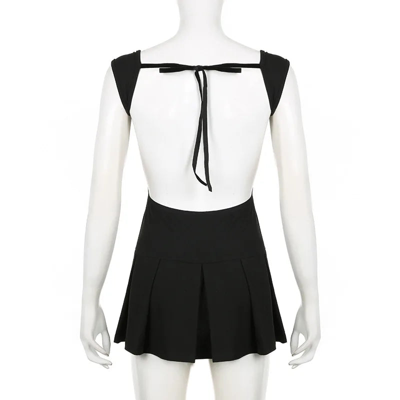 Black Backless Tie-Up Charming Pleated Mini Dress