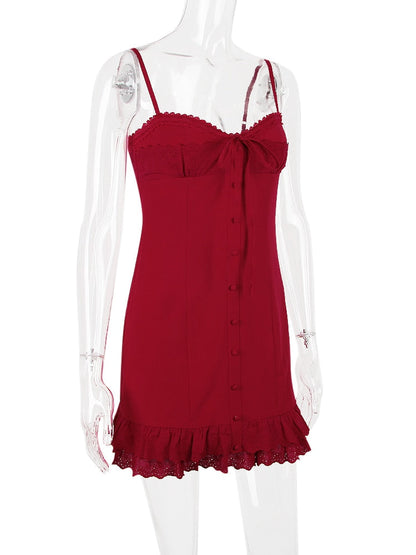 Red Lace Patchwork Charming Buttoned Mini Dress