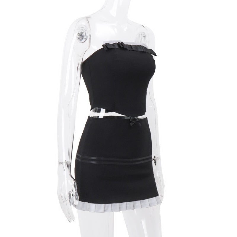 Black Frill Trim Tube Graceful Top And Mini Skirt Set