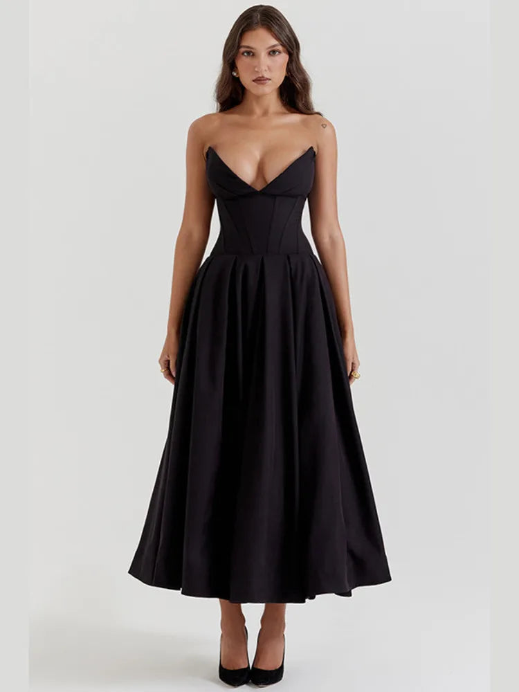 Black Deep Neck Charming Strapless Frill Midi Dress