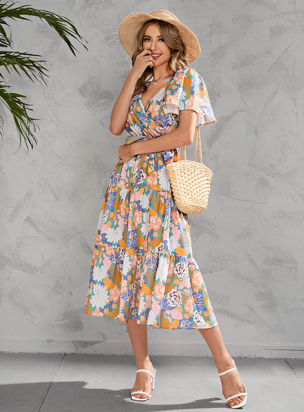 Women's Summer Floral V-Neck Short Sleeve Dress with Belt - Chiffon Mid-Length Boho Beach Sundress