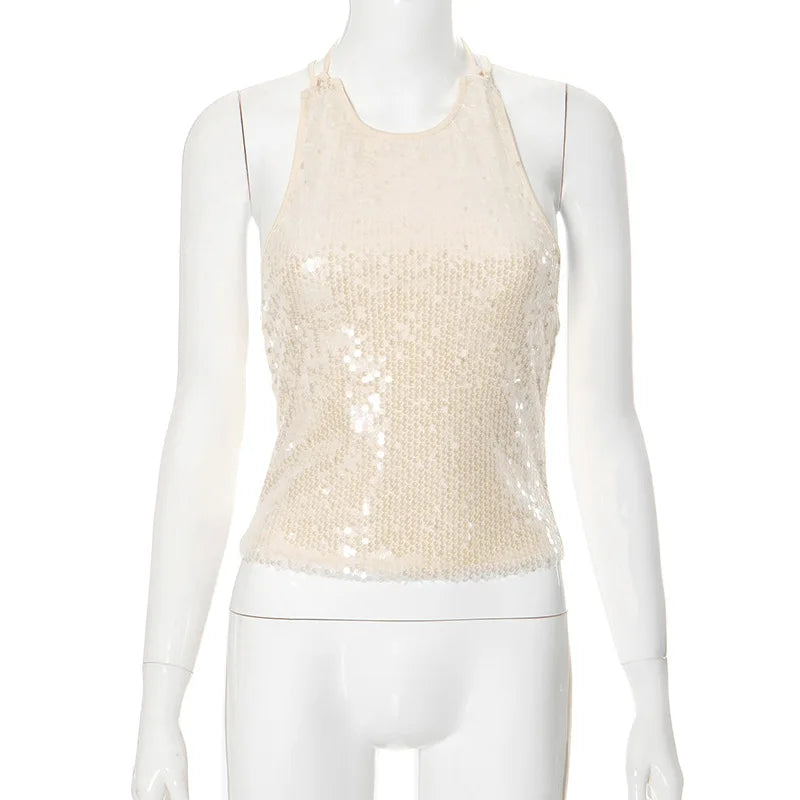 Beige Sequin Stylish Tank Top