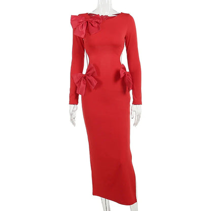 Red Bow Hollow Out Graceful Back Long Sleeve Maxi Dress