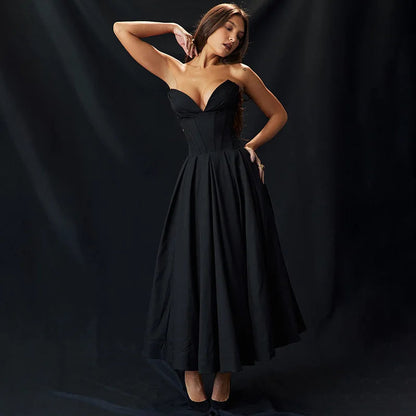 Black Deep Neck Charming Strapless Frill Midi Dress