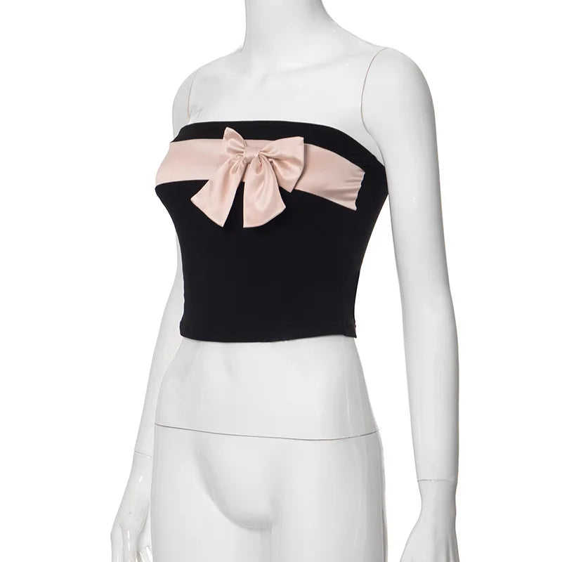 Black Tube Pink Charming Bow Crop Top