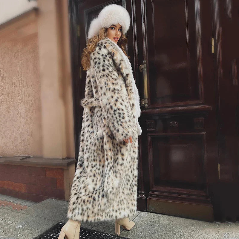 Long Belted Leopard Charming Faux Fur Coat