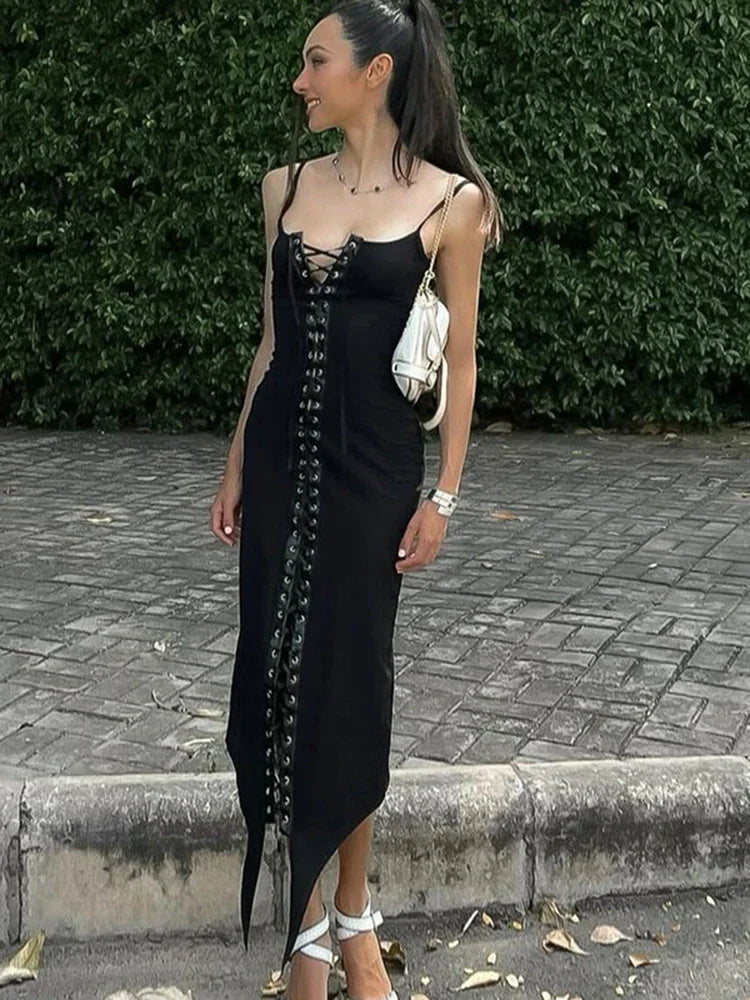 Black Lace Up Charming Strap Midi Dress