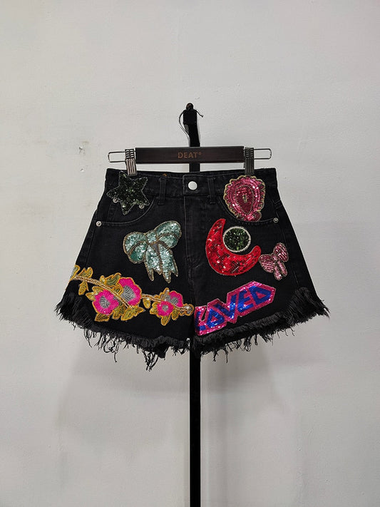 Cosybreezee - Moon Stars Sequins Embroidery Denim Shorts